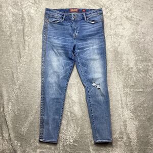 Lucky Jeans Women's 12 Blue Denim Ava Skinny Aztec Stripe Pattern Distress 32x27
